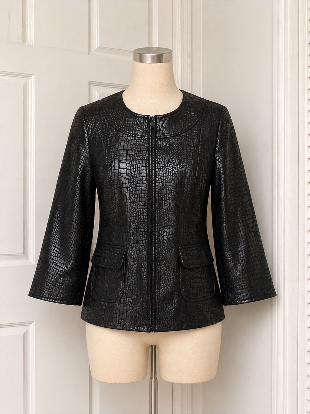 Susan Graver Black Croc-Embossed Zip Jacket